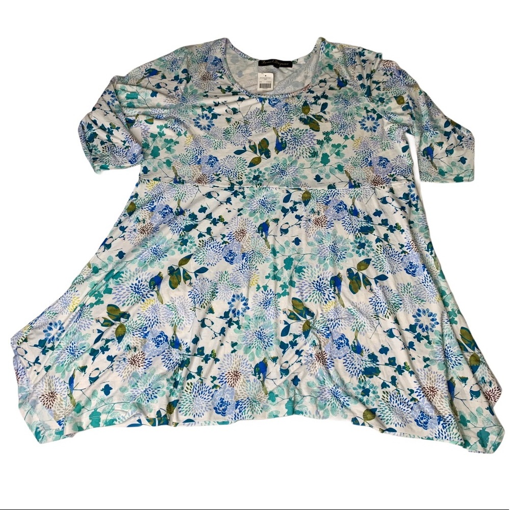 French Bazaar Plus Size Floral & Bird Print Tunic and Handkerchief Hem
